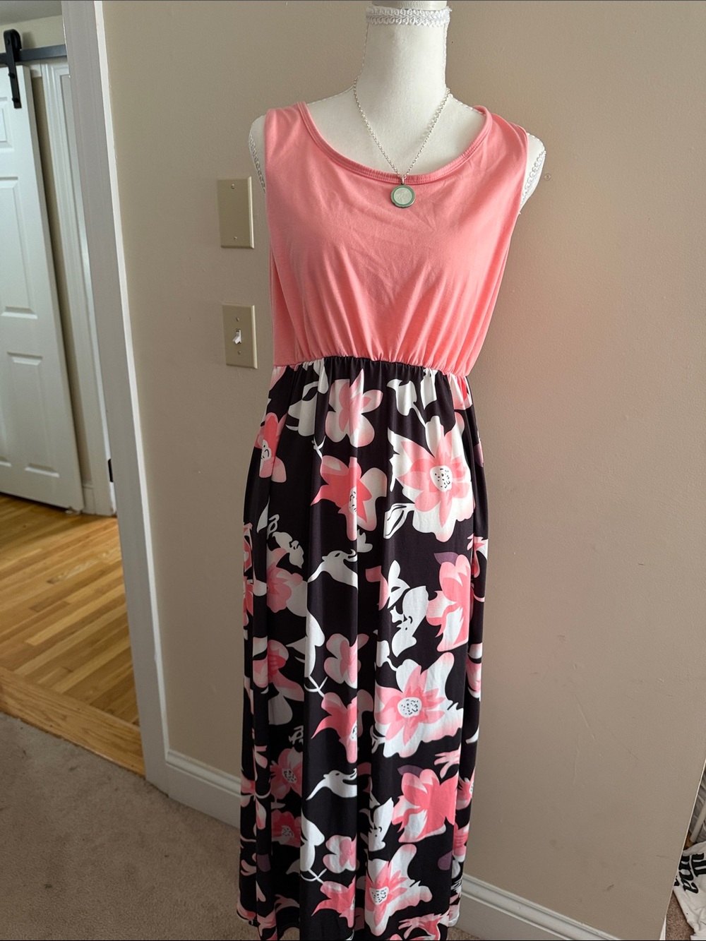 Coral Pink Sleeveless Floral Maxi Dress